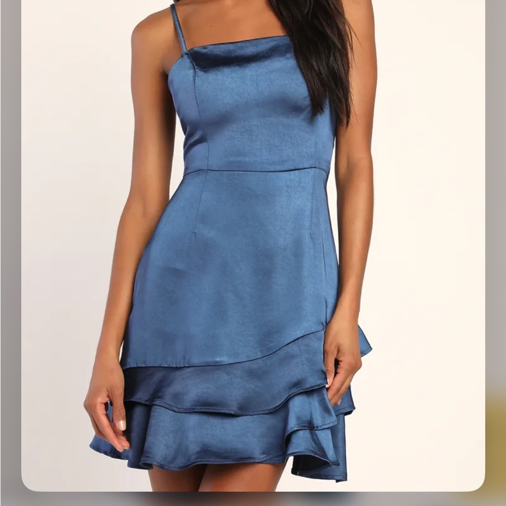 Lulus Dreams Come True Navy Blue Satin Ruffled Mini Dress